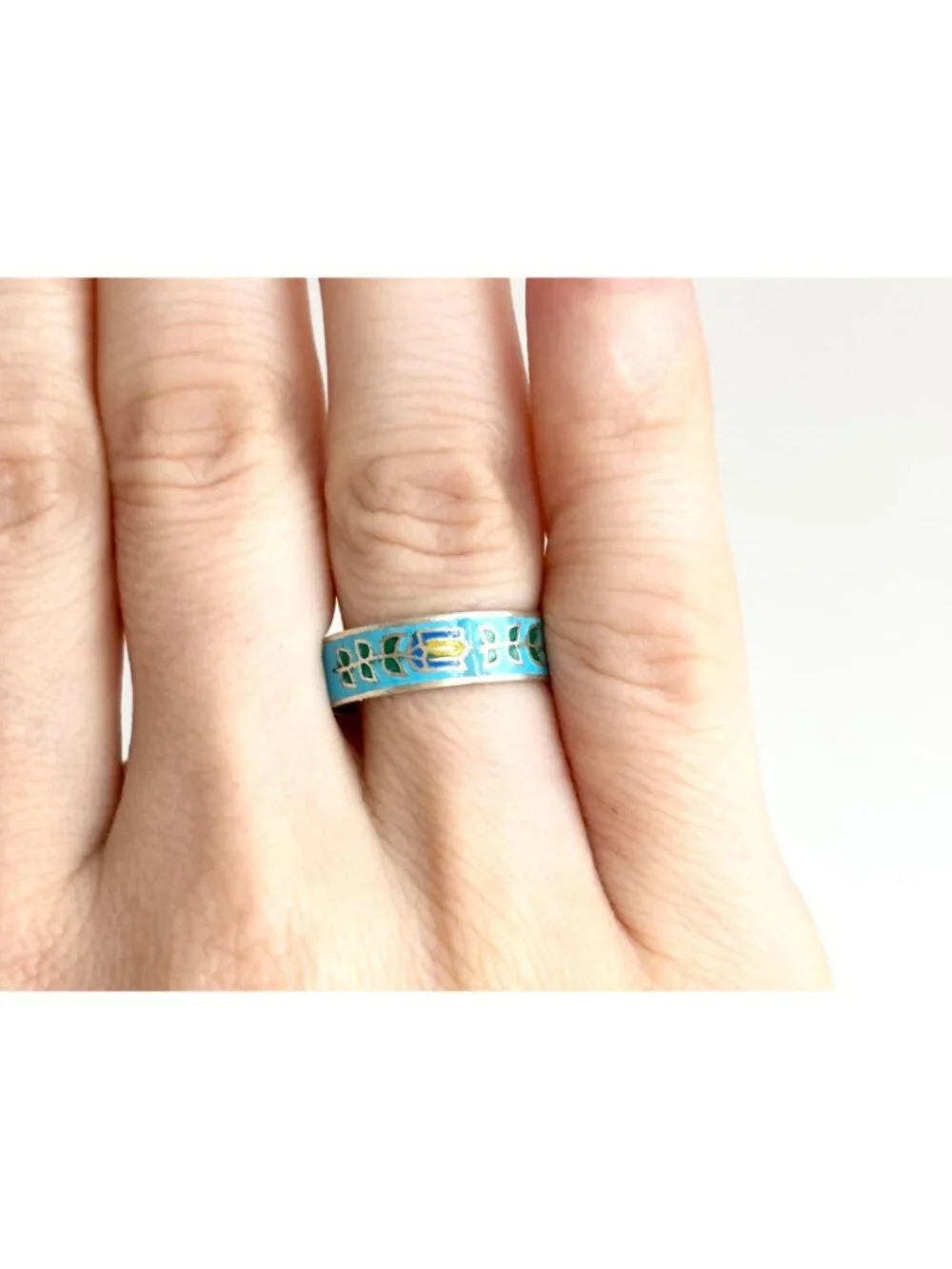 Cloissone Enameled Floral Thailand Made Sterling Silver 925 Vintage Ring - sz 7